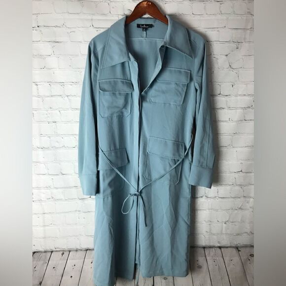 Lulu’s Franki Blue Button Down Trench Coat XS - Picture 2 of 12